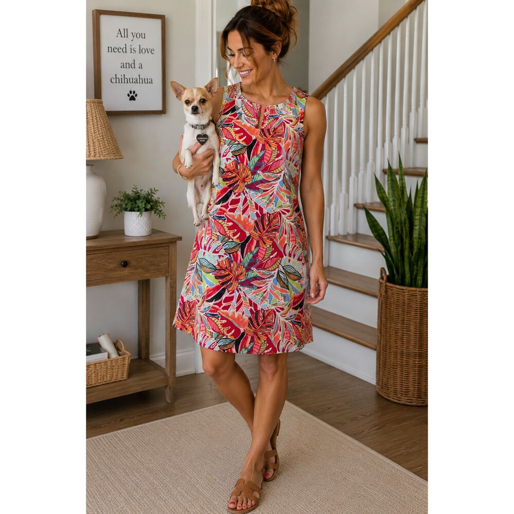 Colorful Tropical Linen Shift Dress Sleeveless Resort Vacation Summer L